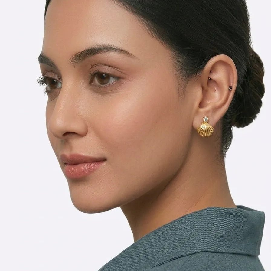 Golden Seashell Stud Diamond Earrings