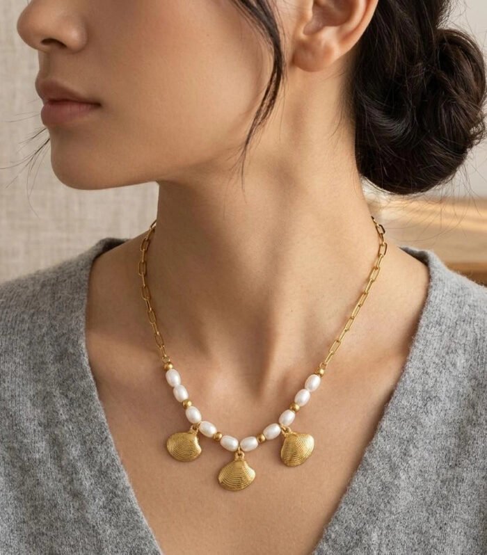 Golden Shell Pearl Charm Necklace