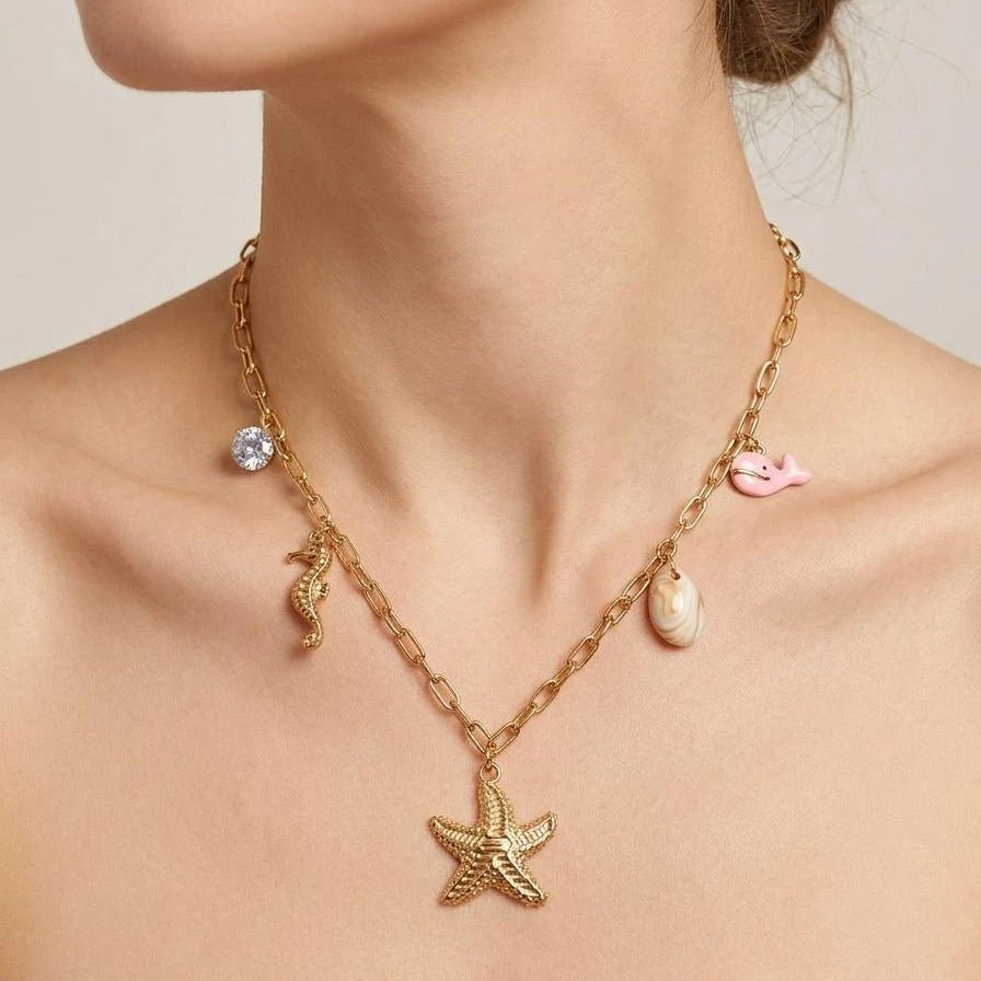 Golden Starfish Ocean Charm Necklace