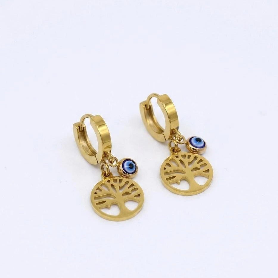 Evil Eye Tree Charm Hoop Earrings