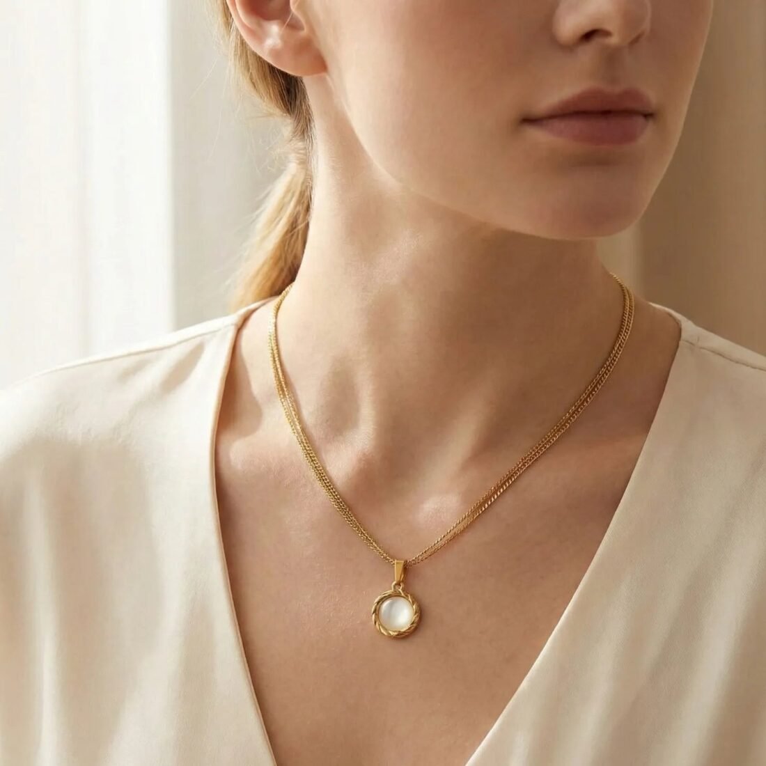 Vintage Gold-Plated Pearl Pendant Layered Necklace