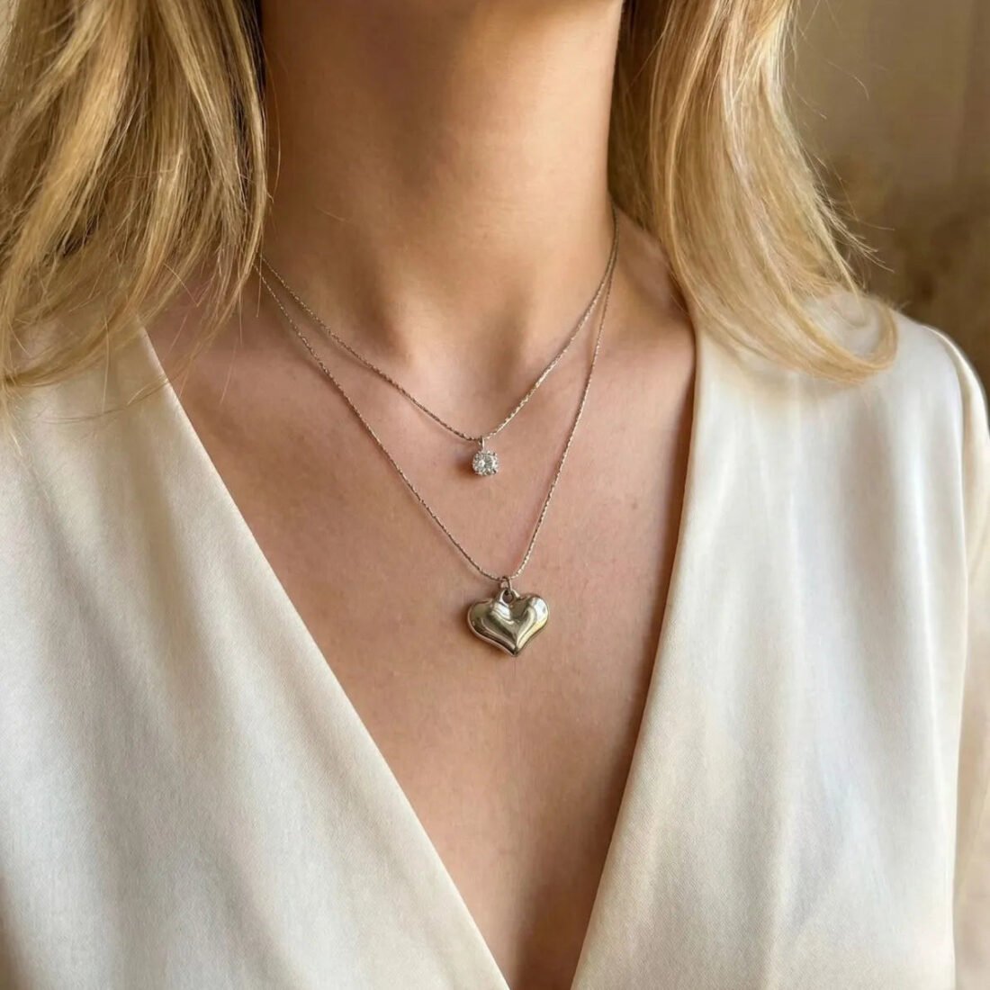 Elegant Silver-Plated Layered Heart & Crystal Pendant Necklace