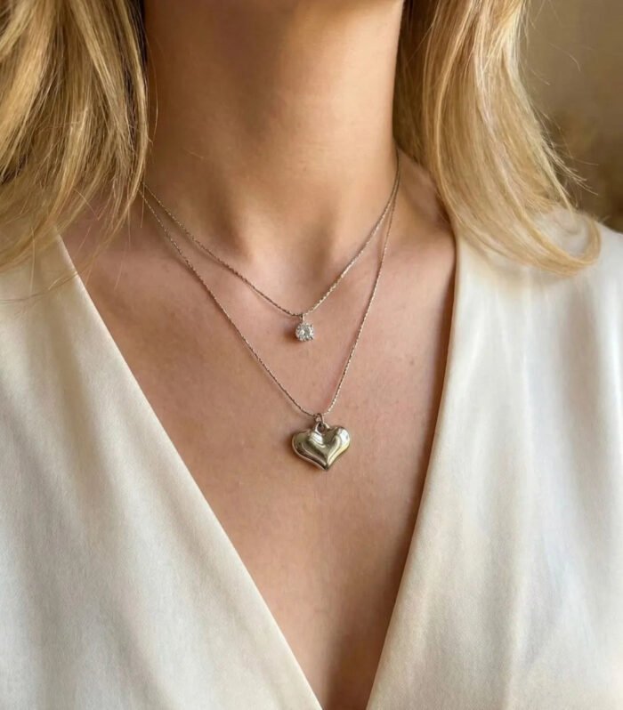 Elegant Silver-Plated Layered Heart & Crystal Pendant Necklace