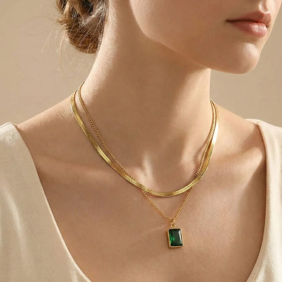 Gold-Plated Layered Necklace with Green Stone Pendant