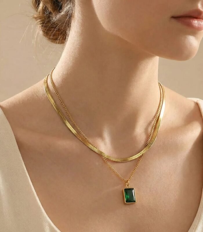 Gold-Plated Layered Necklace with Green Stone Pendant