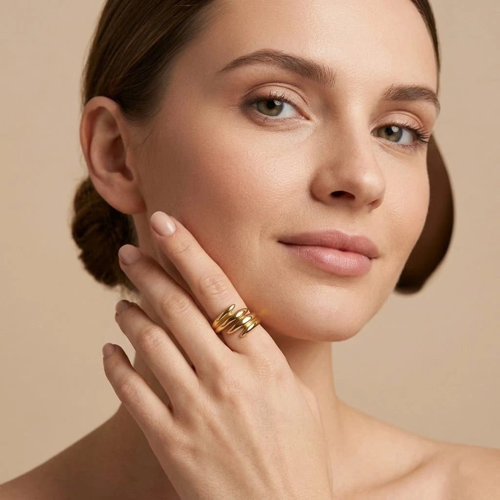 Golden Triple Spiral Wave Ring