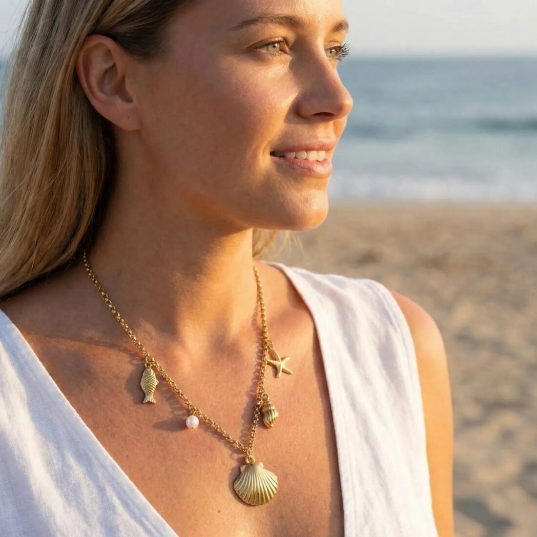 Fish Shell Starfish Gold Charm Necklace