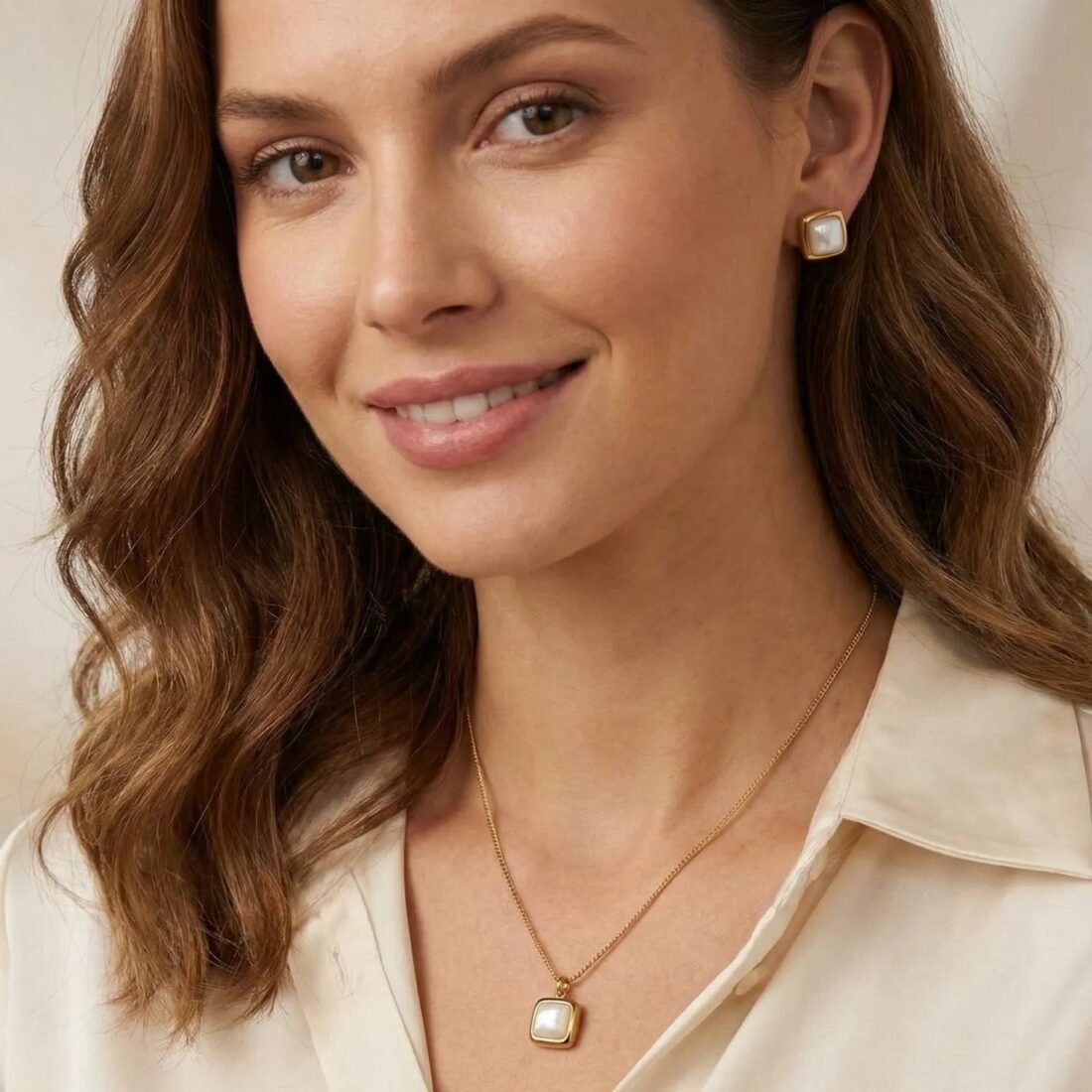 Gold Square Pendant and Stud Earrings Set