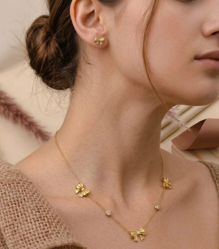 Bella Crystal Bow Necklace & Stud Earring Set