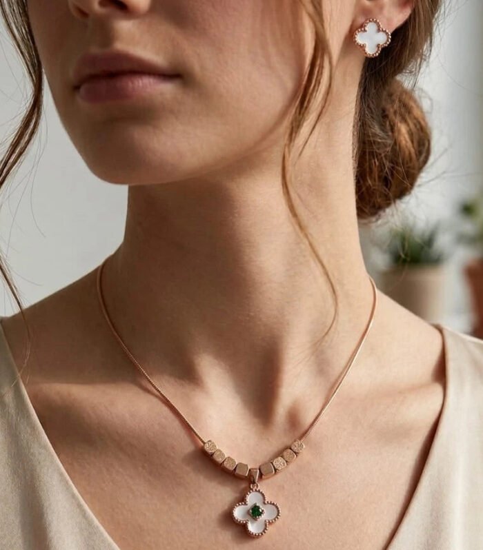 Celeste Clover Rose Gold Necklace & Stud Earring Set
