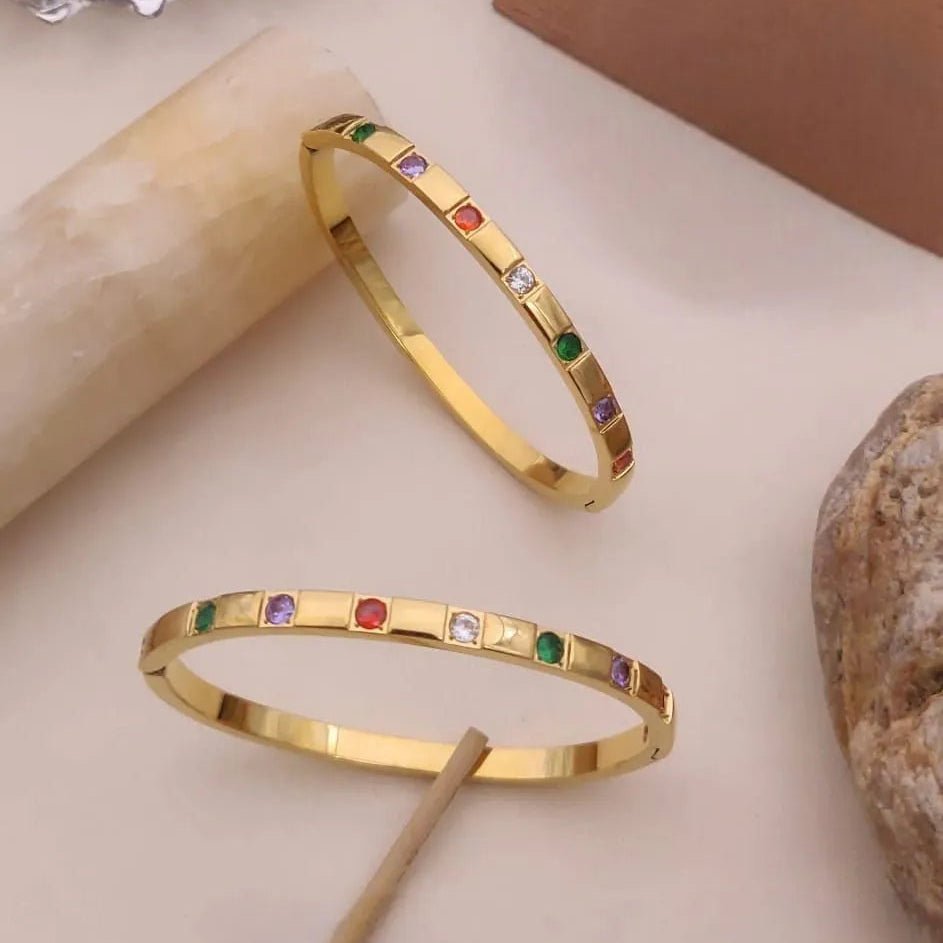 Multi-Color Stone Inlay Gold Kada