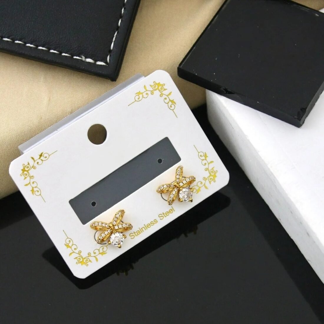 Golden Crystal Ribbon Stud Earrings