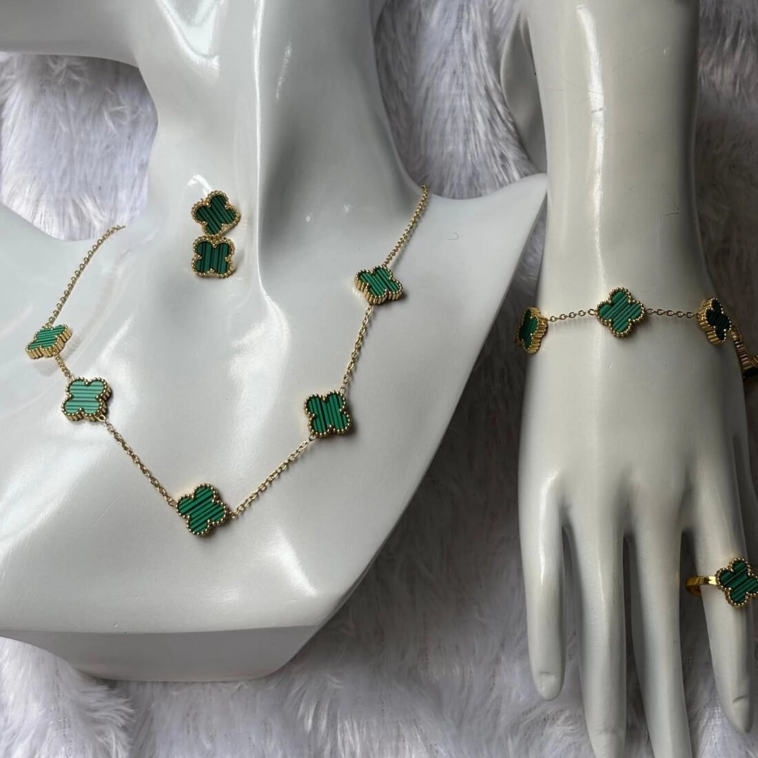 Emerald Harmony Clover Gold Necklace & Earring Set