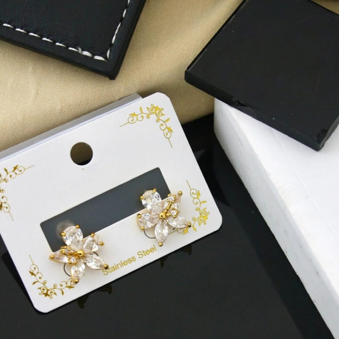 Golden Petal Crystal Blossom Stud Earrings
