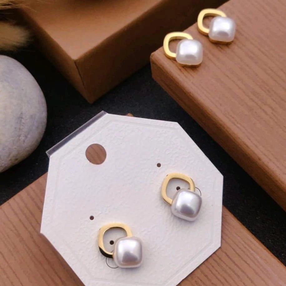 Golden Square Pearl Stud Earrings