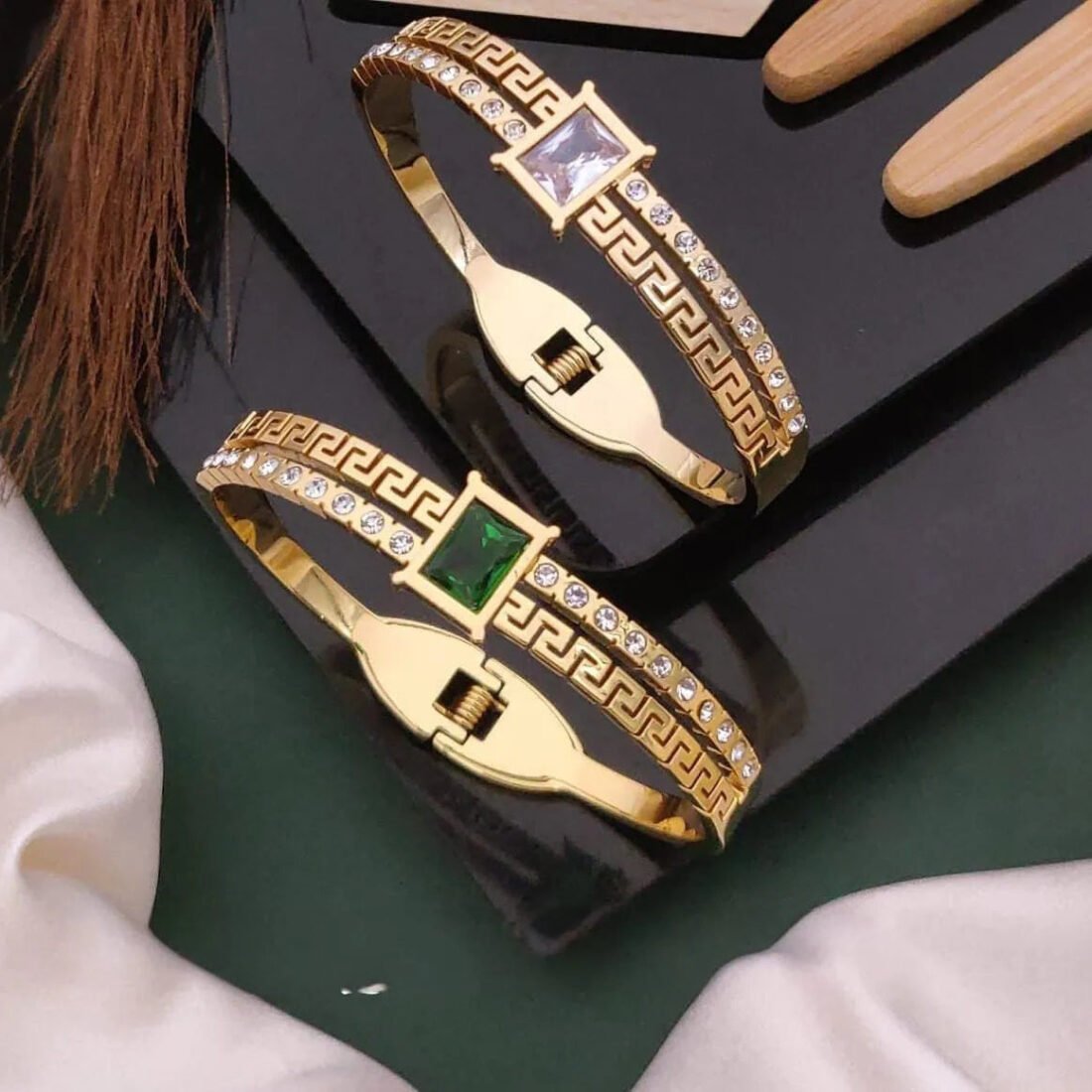 Greek Key Square Stone Gold Kada