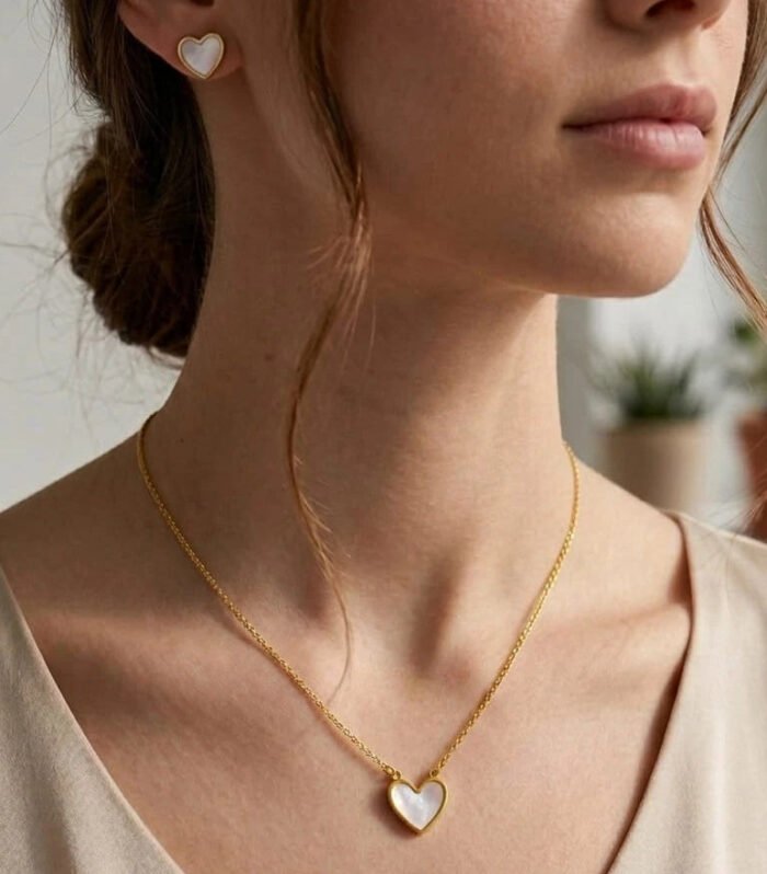 Luna Pearl Heart Necklace & Stud Earring Set