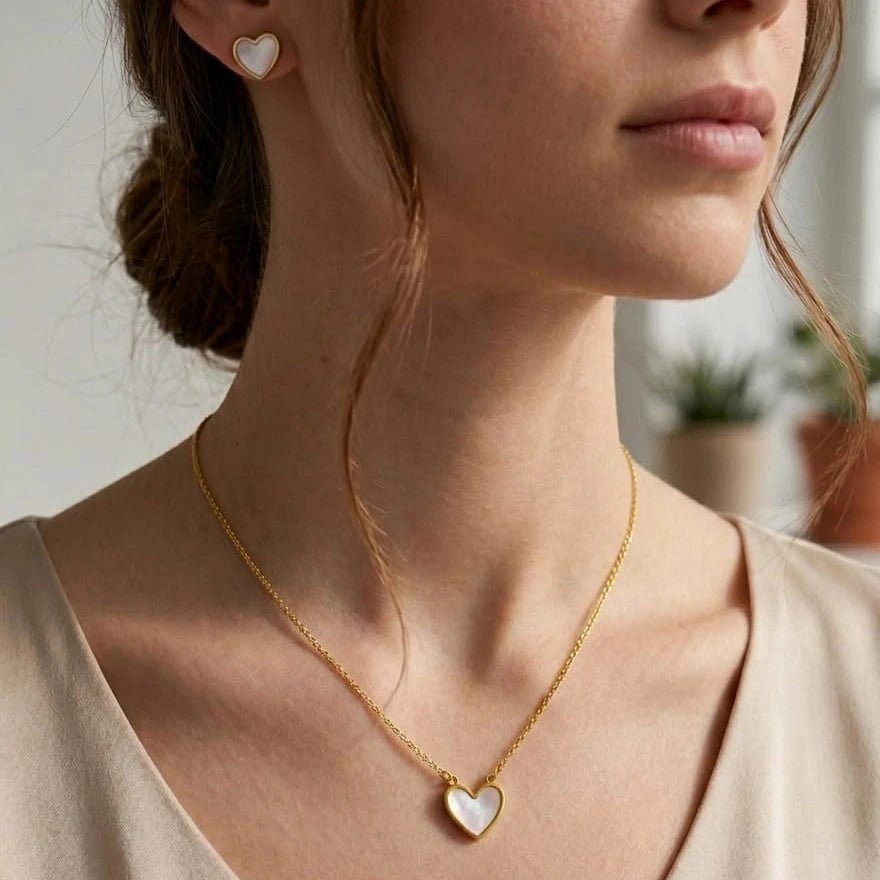 Luna Pearl Heart Necklace & Stud Earring Set
