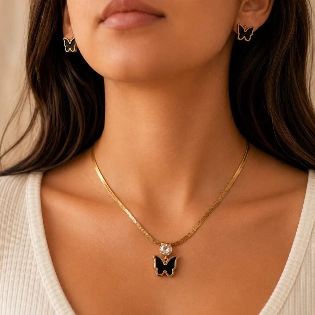 Noir Butterfly Crystal Necklace & Stud Earring Set