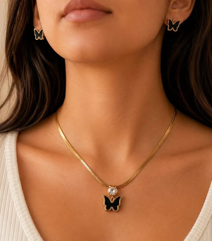Noir Butterfly Crystal Necklace & Stud Earring Set