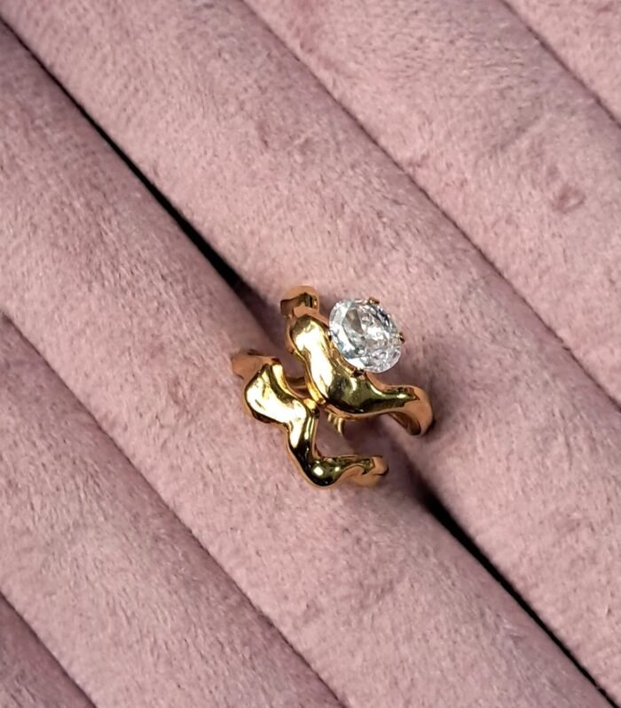 Organic Wave Crystal Gold Ring