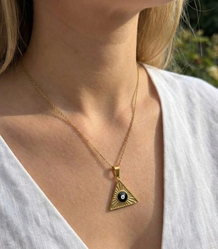Gold-Plated Triangle Pendant Necklace with Yin-Yang Symbol