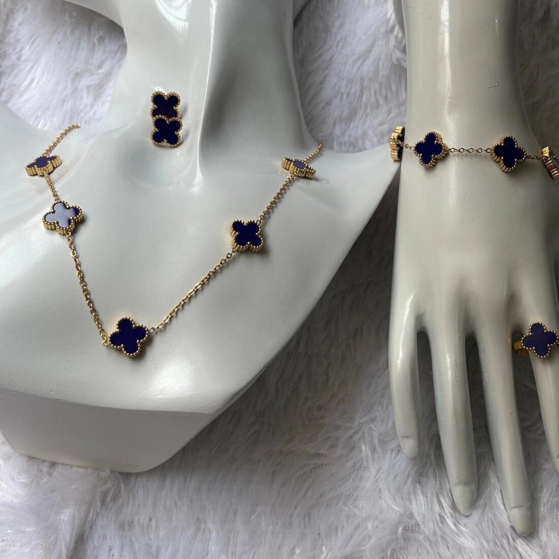 Celestial Blue Clover Gold Necklace & Earring Set